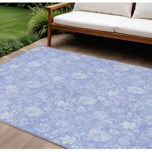 Photo of Sky Blue Denim Blue And Ivory Floral Washable Indoor Outdoor Area Rug