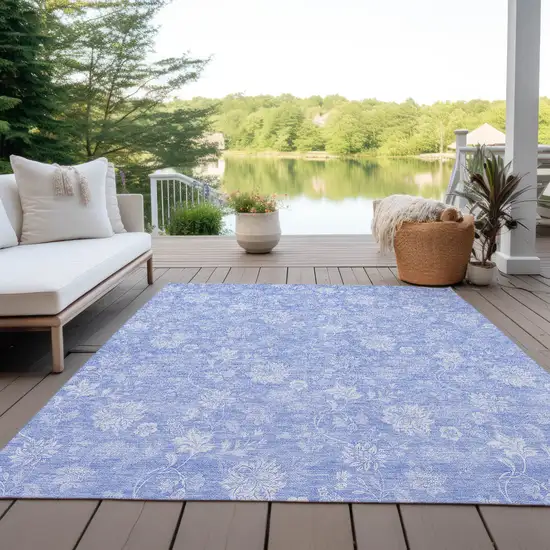 Sky Blue Denim Blue And Ivory Floral Washable Indoor Outdoor Area Rug Photo 9