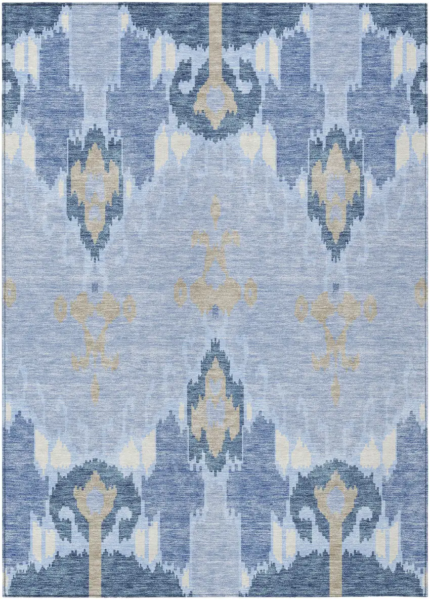 Sky Blue Denim Blue And Ivory Ikat Washable Indoor Outdoor Area Rug Photo 1