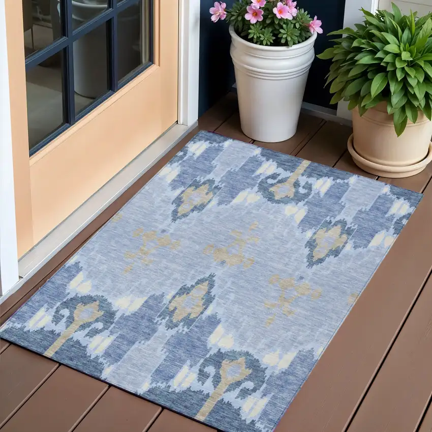 Sky Blue Denim Blue And Ivory Ikat Washable Indoor Outdoor Area Rug Photo 1