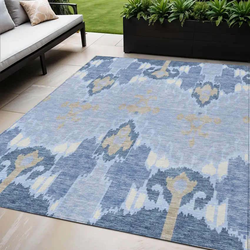 Sky Blue Denim Blue And Ivory Ikat Washable Indoor Outdoor Area Rug Photo 1