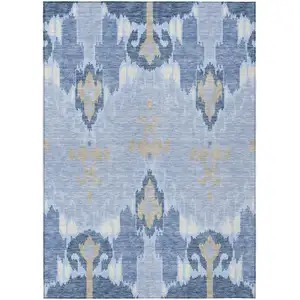 Photo of Sky Blue Denim Blue And Ivory Ikat Washable Indoor Outdoor Area Rug