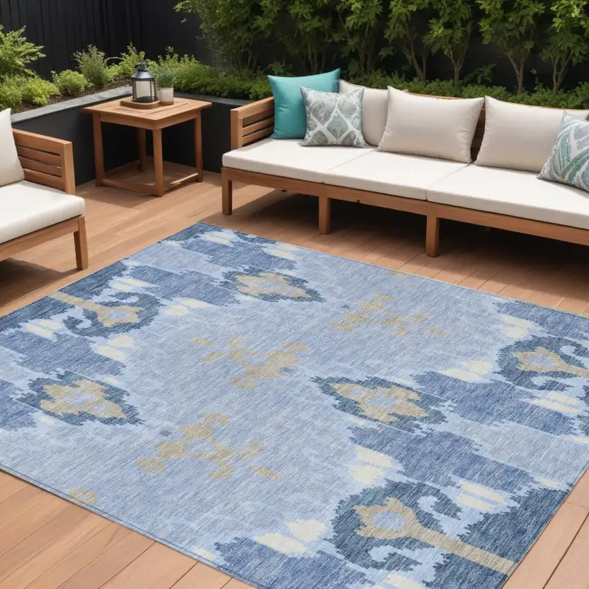 Sky Blue Denim Blue And Ivory Ikat Washable Indoor Outdoor Area Rug Photo 1