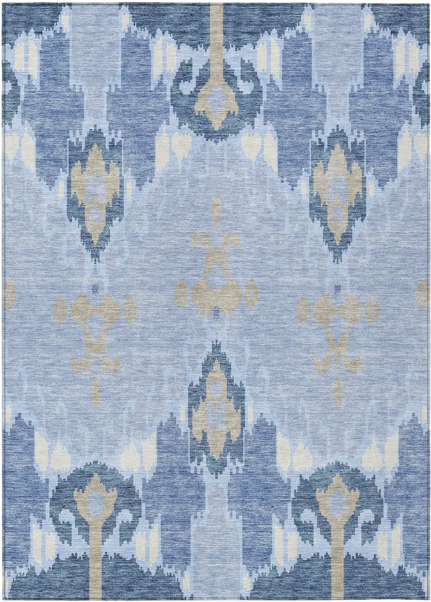 Sky Blue Denim Blue And Ivory Ikat Washable Indoor Outdoor Area Rug Photo 1