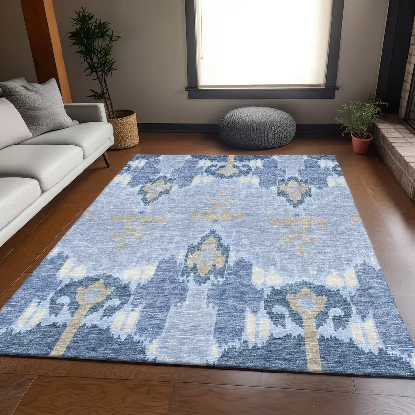 Sky Blue Denim Blue And Ivory Ikat Washable Indoor Outdoor Area Rug Photo 8