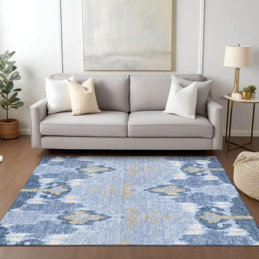 Sky Blue Denim Blue And Ivory Ikat Washable Indoor Outdoor Area Rug Photo 9