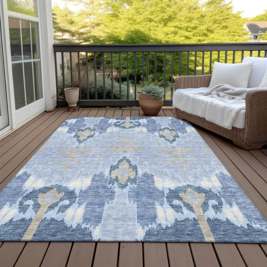 Sky Blue Denim Blue And Ivory Ikat Washable Indoor Outdoor Area Rug Photo 7
