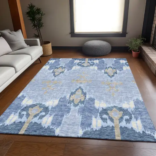 Sky Blue Denim Blue And Ivory Ikat Washable Indoor Outdoor Area Rug Photo 8