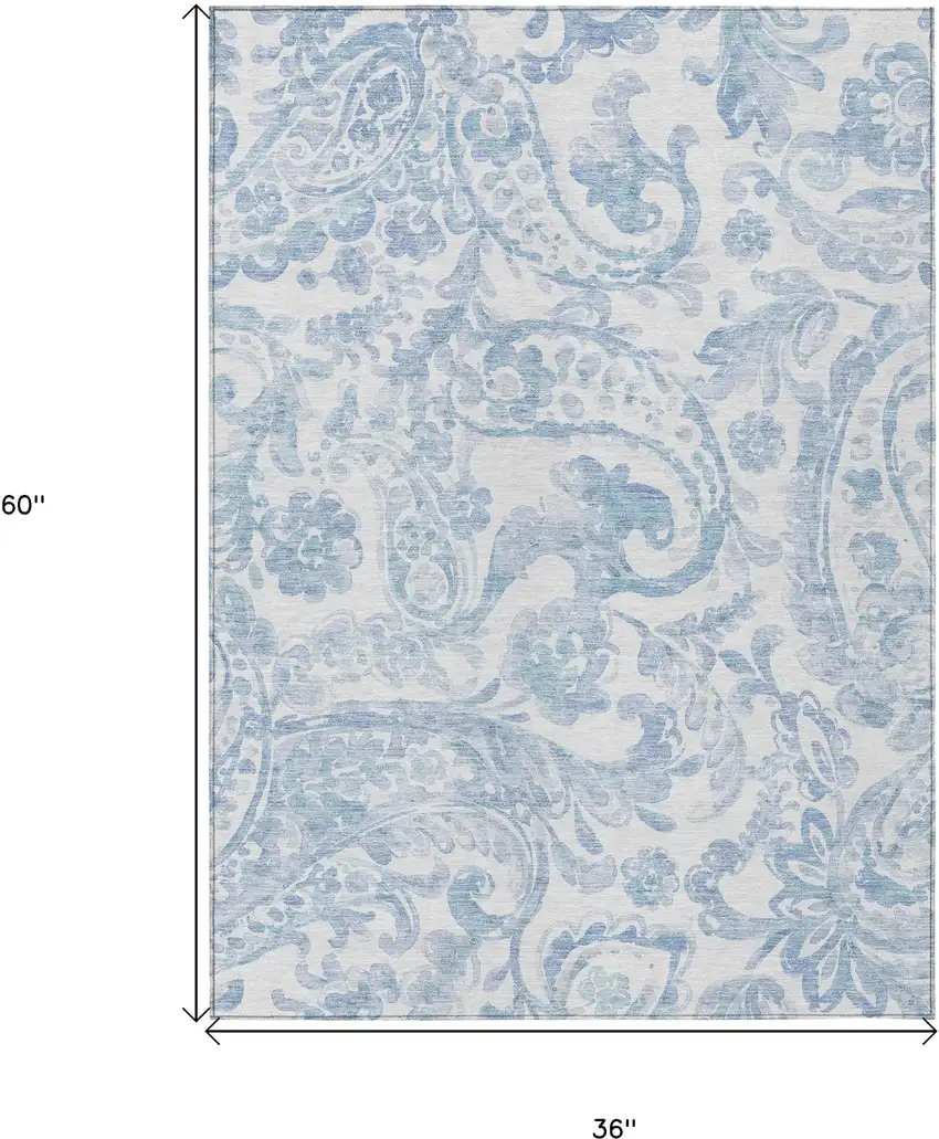 Sky Blue Denim Blue And Ivory Paisley Washable Indoor Outdoor Area Rug Photo 3