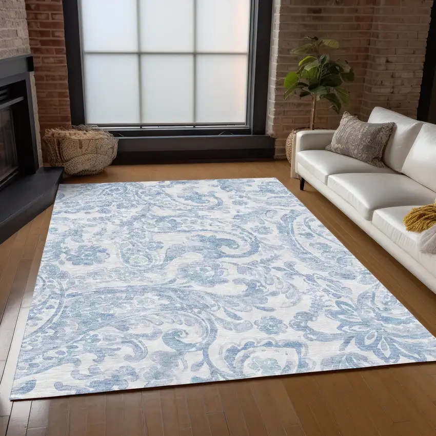 Sky Blue Denim Blue And Ivory Paisley Washable Indoor Outdoor Area Rug Photo 9