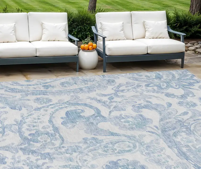 Sky Blue Denim Blue And Ivory Paisley Washable Indoor Outdoor Area Rug Photo 1