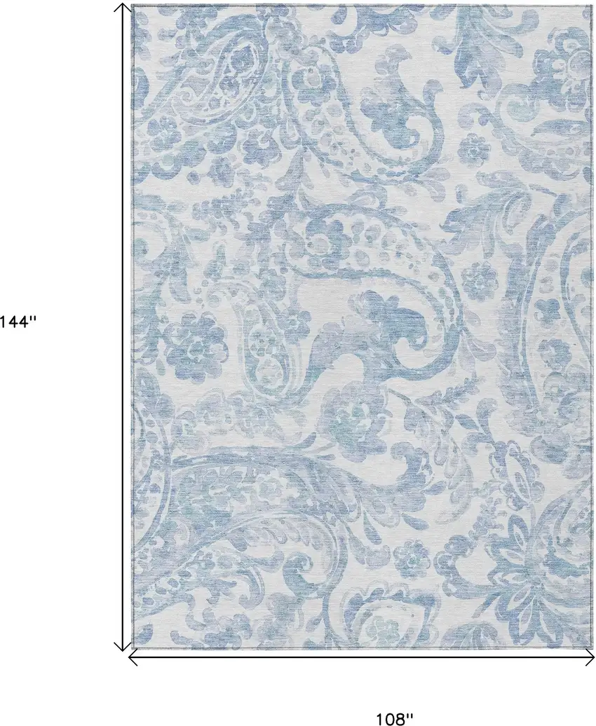 Sky Blue Denim Blue And Ivory Paisley Washable Indoor Outdoor Area Rug Photo 3