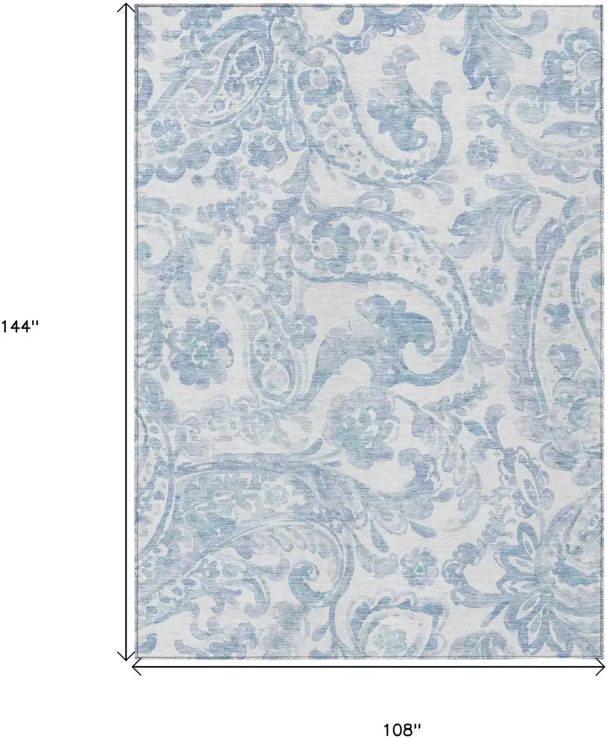 Sky Blue Denim Blue And Ivory Paisley Washable Indoor Outdoor Area Rug Photo 3