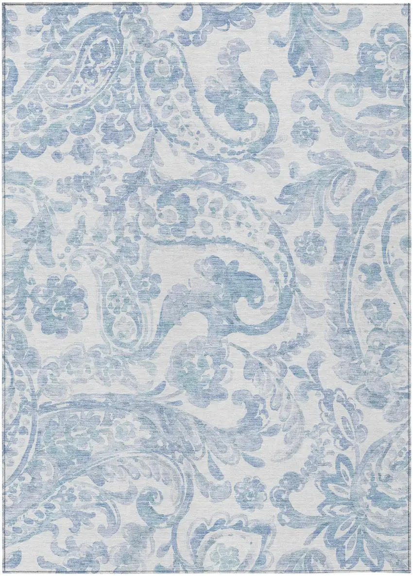 Sky Blue Denim Blue And Ivory Paisley Washable Indoor Outdoor Area Rug Photo 2