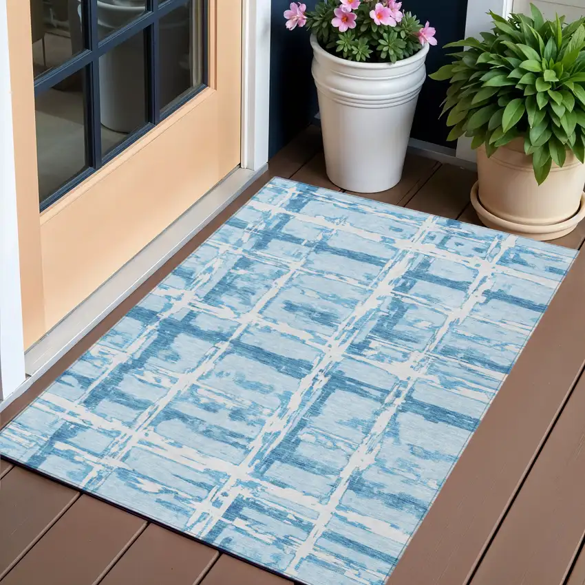 Sky Blue Denim Blue And Ivory Striped Washable Indoor Outdoor Area Rug Photo 1