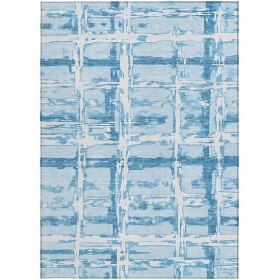 Sky Blue Denim Blue And Ivory Striped Washable Indoor Outdoor Area Rug Photo 5