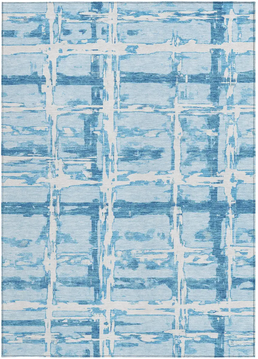 Sky Blue Denim Blue And Ivory Striped Washable Indoor Outdoor Area Rug Photo 5