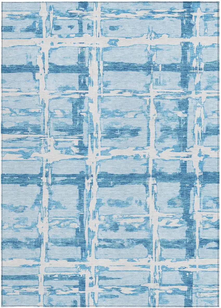 Sky Blue Denim Blue And Ivory Striped Washable Indoor Outdoor Area Rug Photo 5