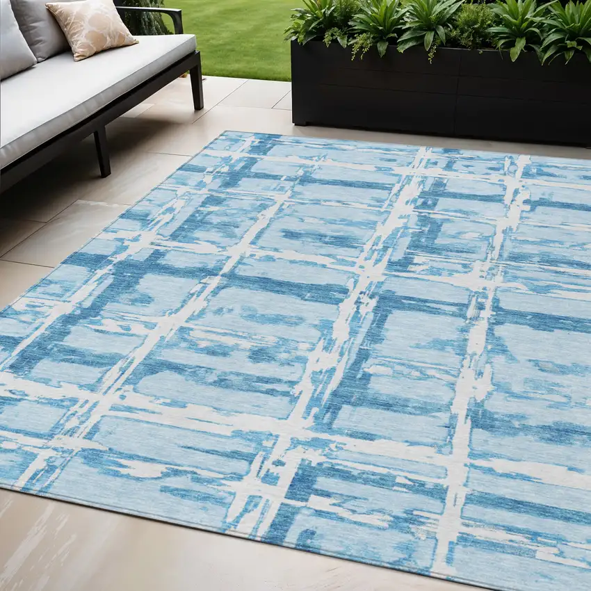 Sky Blue Denim Blue And Ivory Striped Washable Indoor Outdoor Area Rug Photo 1