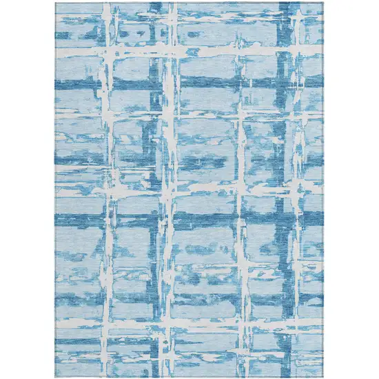 Sky Blue Denim Blue And Ivory Striped Washable Indoor Outdoor Area Rug Photo 4