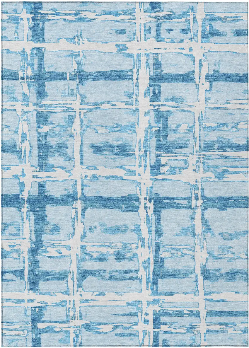 Sky Blue Denim Blue And Ivory Striped Washable Indoor Outdoor Area Rug Photo 1