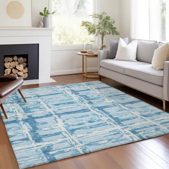 Sky Blue Denim Blue And Ivory Striped Washable Indoor Outdoor Area Rug Photo 7