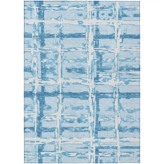 Sky Blue Denim Blue And Ivory Striped Washable Indoor Outdoor Area Rug Photo 1