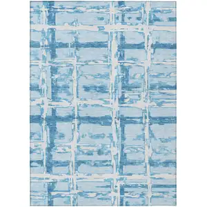 Photo of Sky Blue Denim Blue And Ivory Striped Washable Indoor Outdoor Area Rug