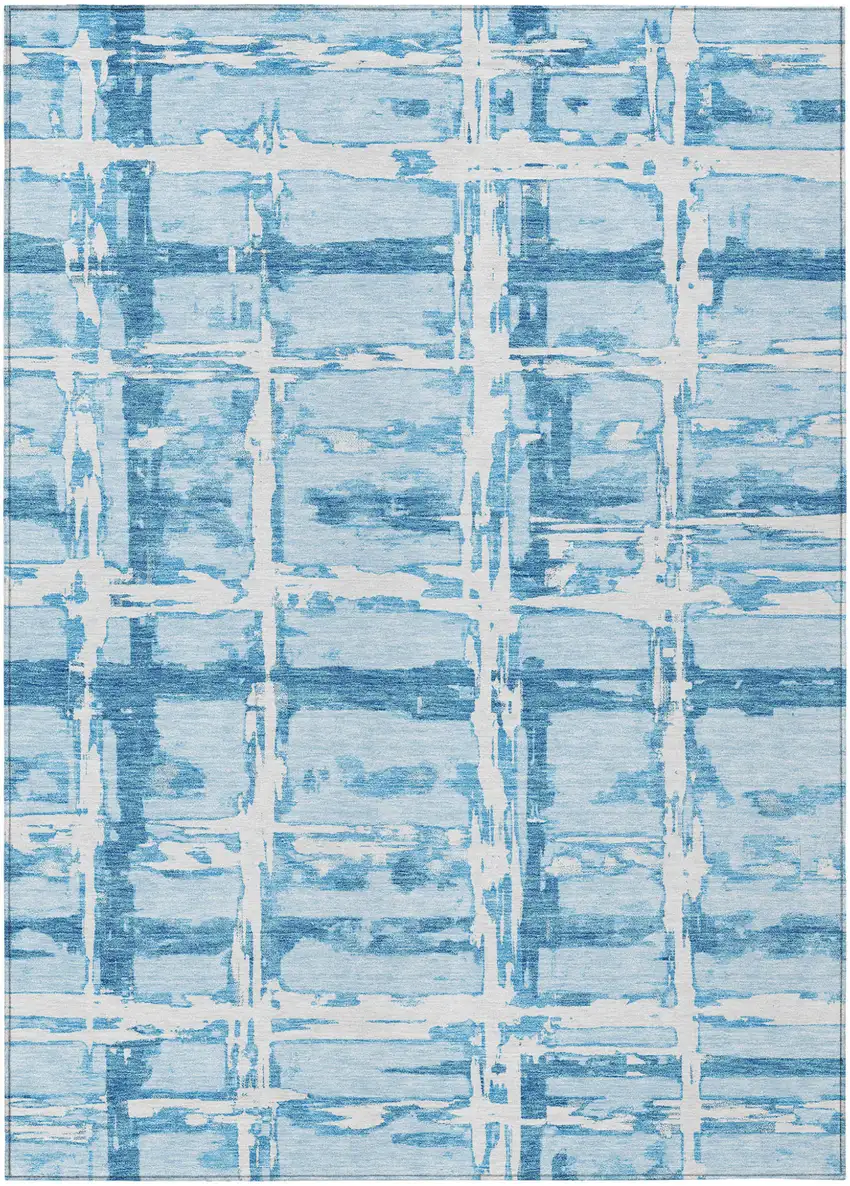 Sky Blue Denim Blue And Ivory Striped Washable Indoor Outdoor Area Rug Photo 1