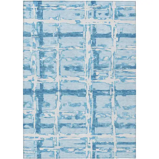 Sky Blue Denim Blue And Ivory Striped Washable Indoor Outdoor Area Rug Photo 1