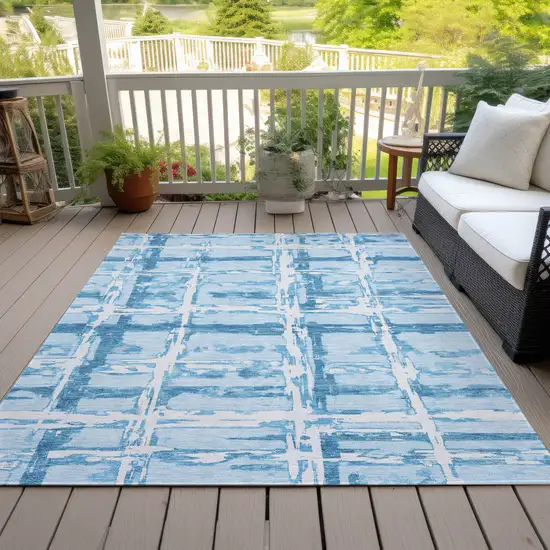 Sky Blue Denim Blue And Ivory Striped Washable Indoor Outdoor Area Rug Photo 6