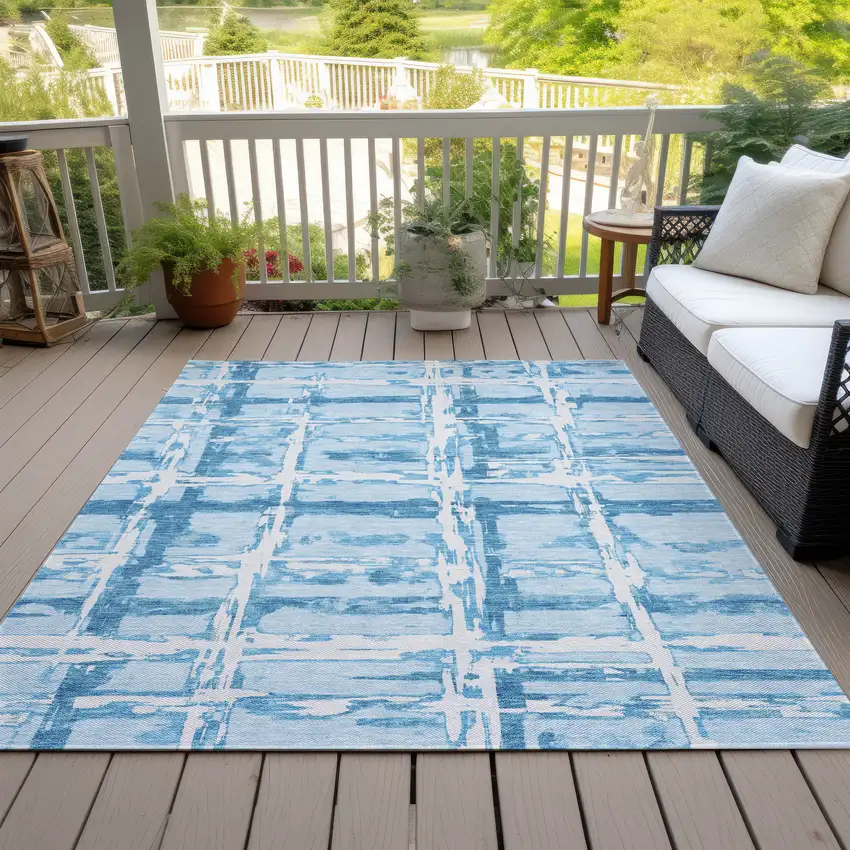 Sky Blue Denim Blue And Ivory Striped Washable Indoor Outdoor Area Rug Photo 7