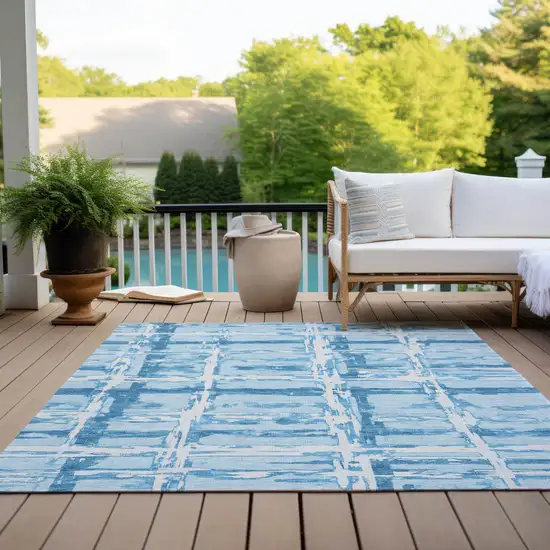 Sky Blue Denim Blue And Ivory Striped Washable Indoor Outdoor Area Rug Photo 9