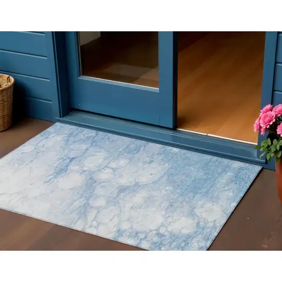 Sky Blue Denim Blue And Silver Abstract Washable Indoor Outdoor Area Rug Photo 1