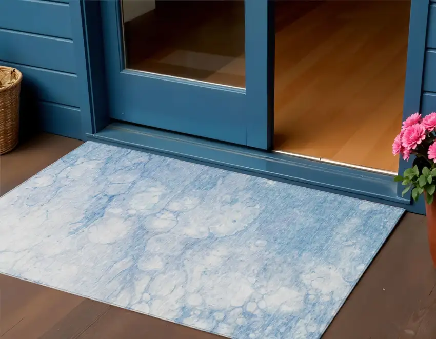 Sky Blue Denim Blue And Silver Abstract Washable Indoor Outdoor Area Rug Photo 1