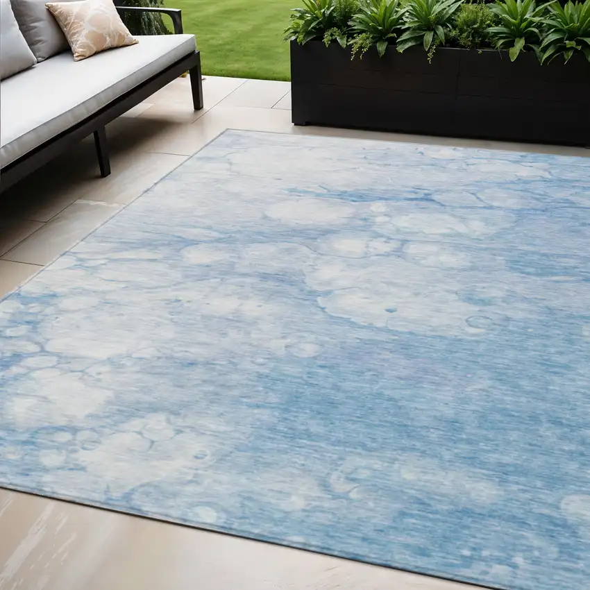 Sky Blue Denim Blue And Silver Abstract Washable Indoor Outdoor Area Rug Photo 1