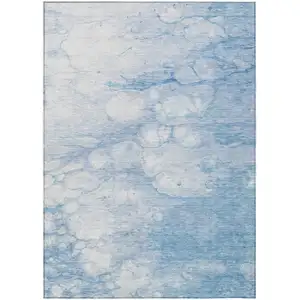 Photo of Sky Blue Denim Blue And Silver Abstract Washable Indoor Outdoor Area Rug
