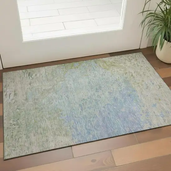 Sky Blue Fern Green And Beige Abstract Washable Area Rug With UV Protection Photo 2