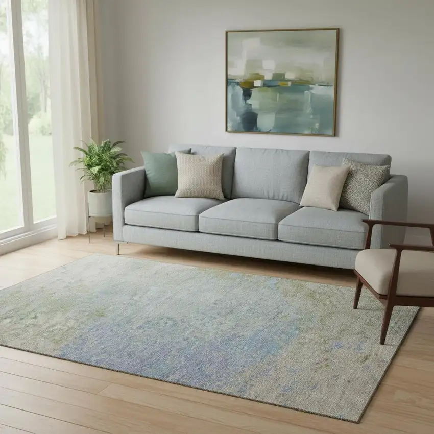 Sky Blue Fern Green And Beige Abstract Washable Area Rug With UV Protection Photo 2