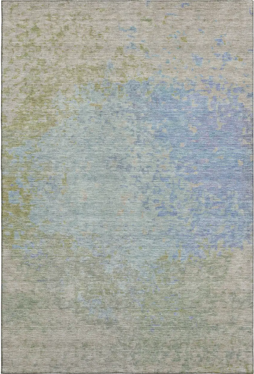 Sky Blue Fern Green And Beige Abstract Washable Area Rug With UV Protection Photo 1