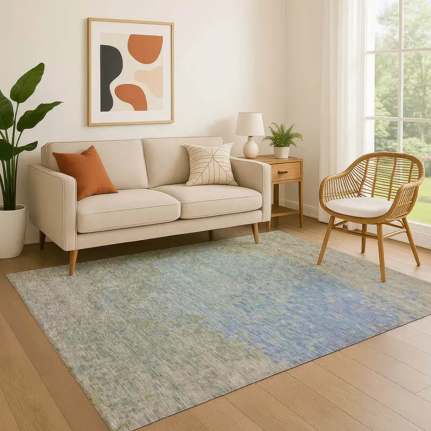 Sky Blue Fern Green And Beige Abstract Washable Area Rug With UV Protection Photo 4