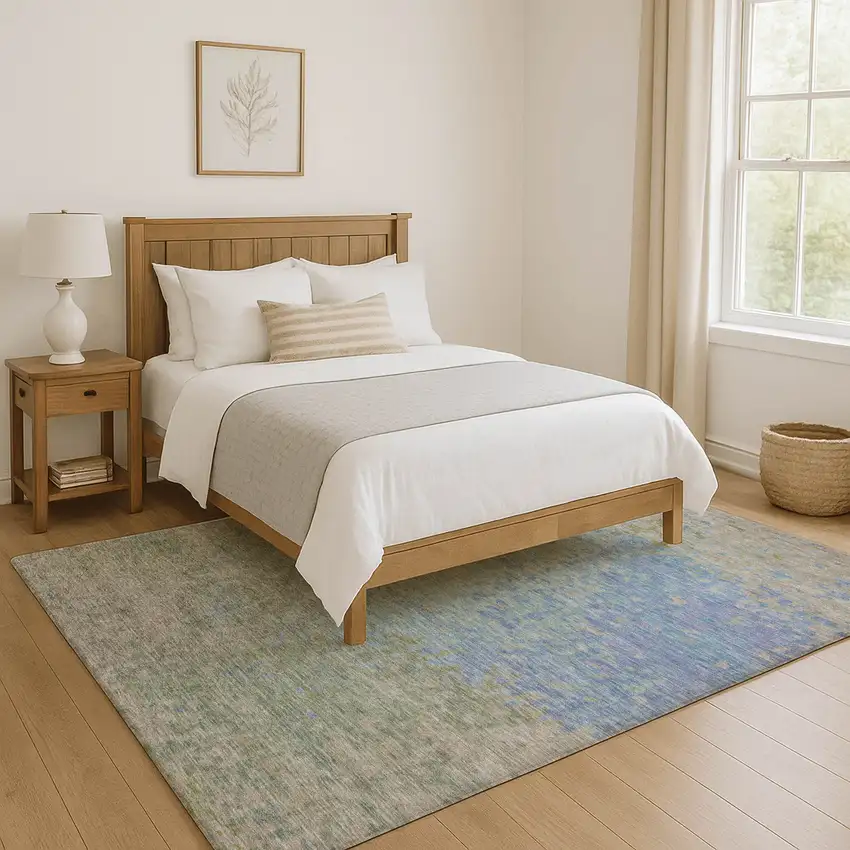 Sky Blue Fern Green And Beige Abstract Washable Area Rug With UV Protection Photo 5