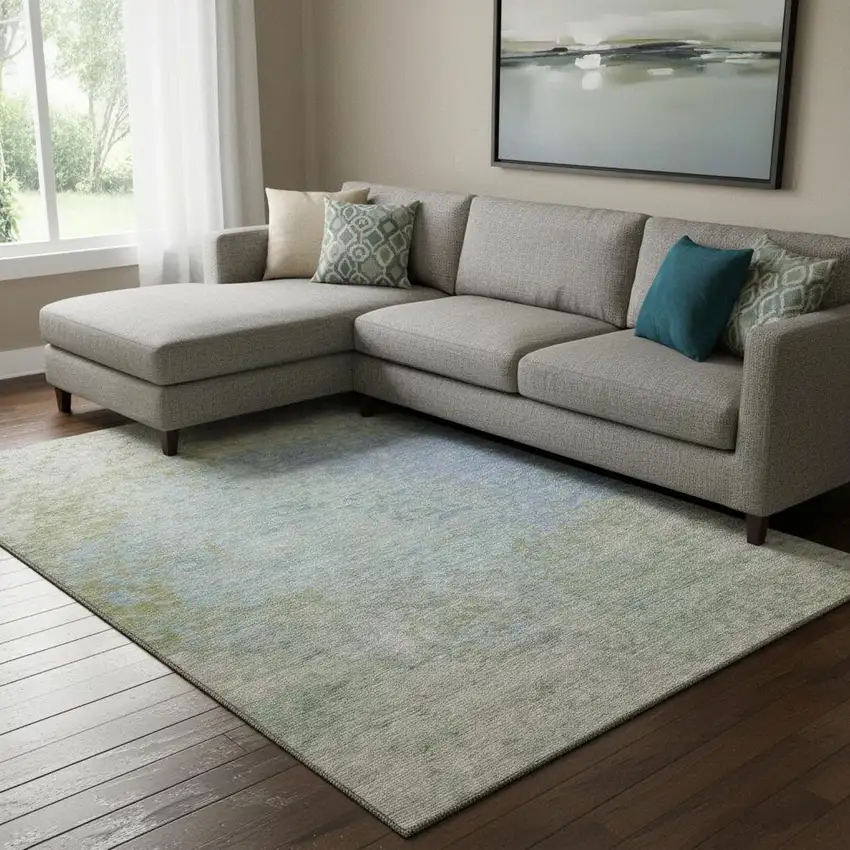 Sky Blue Fern Green And Beige Abstract Washable Area Rug With UV Protection Photo 2