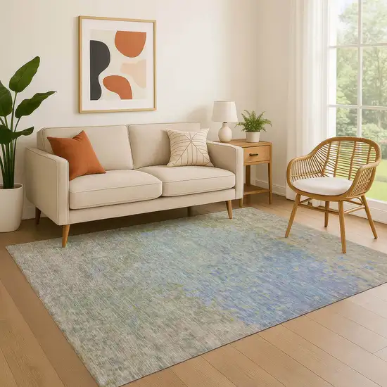 Sky Blue Fern Green And Beige Abstract Washable Area Rug With UV Protection Photo 4