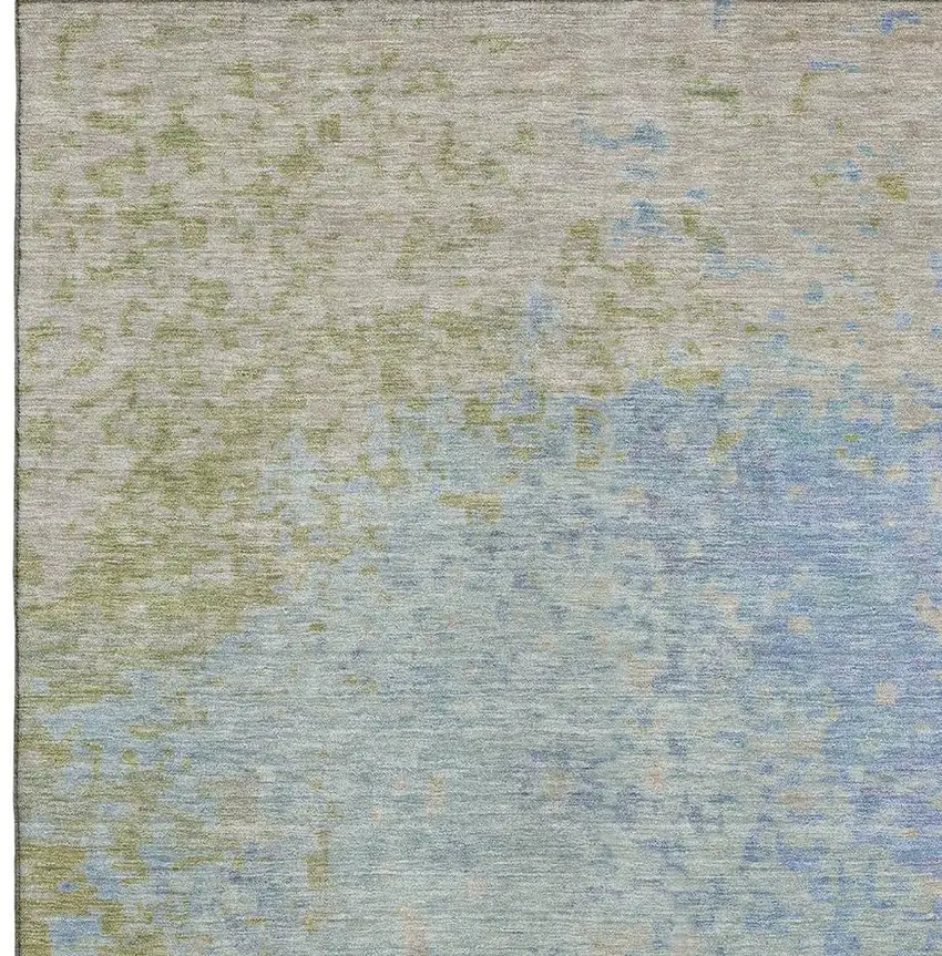 Sky Blue Fern Green And Beige Abstract Washable Area Rug With UV Protection Photo 2
