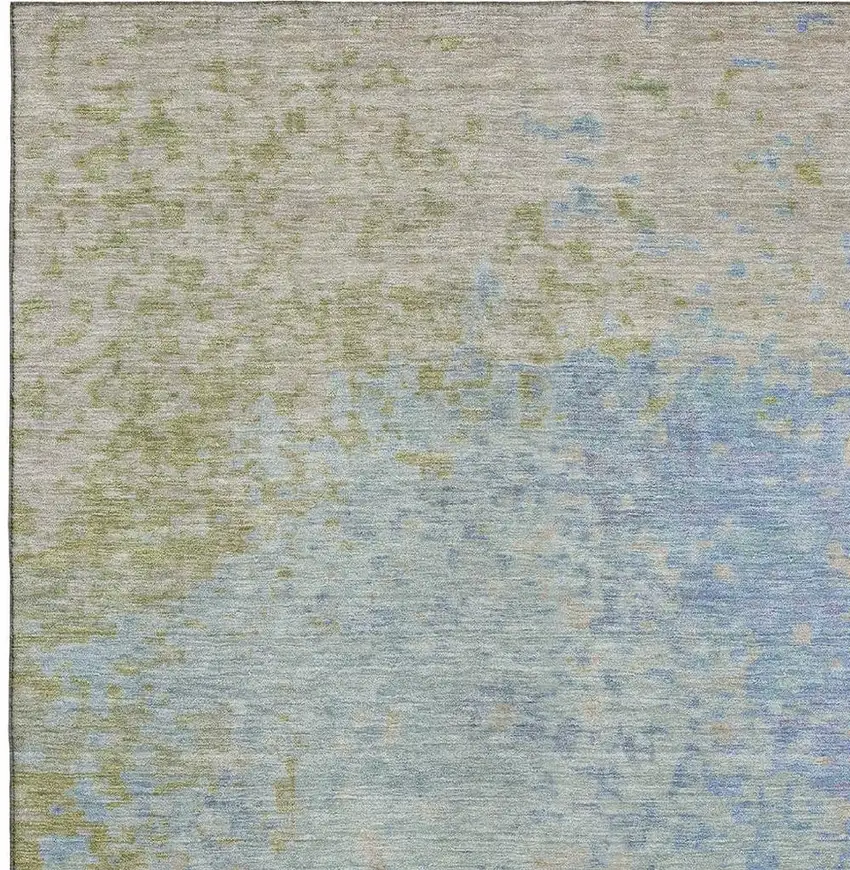 Sky Blue Fern Green And Beige Abstract Washable Area Rug With UV Protection Photo 2
