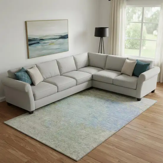 Sky Blue Fern Green And Beige Abstract Washable Area Rug With UV Protection Photo 2