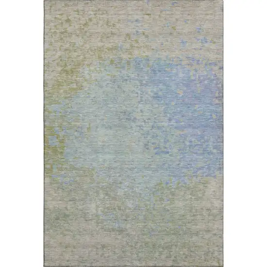 Sky Blue Fern Green And Beige Abstract Washable Area Rug With UV Protection Photo 1