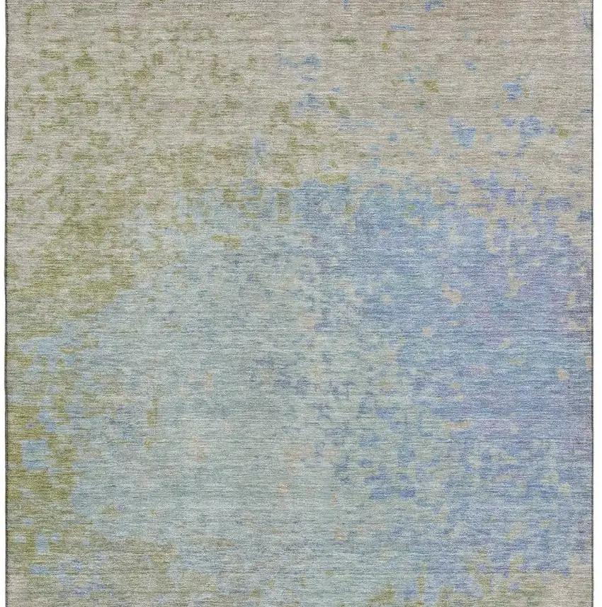 Sky Blue Fern Green And Beige Abstract Washable Area Rug With UV Protection Photo 2