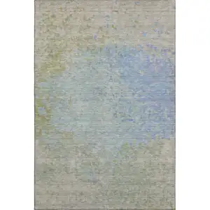 Photo of Sky Blue Fern Green And Beige Abstract Washable Area Rug With UV Protection